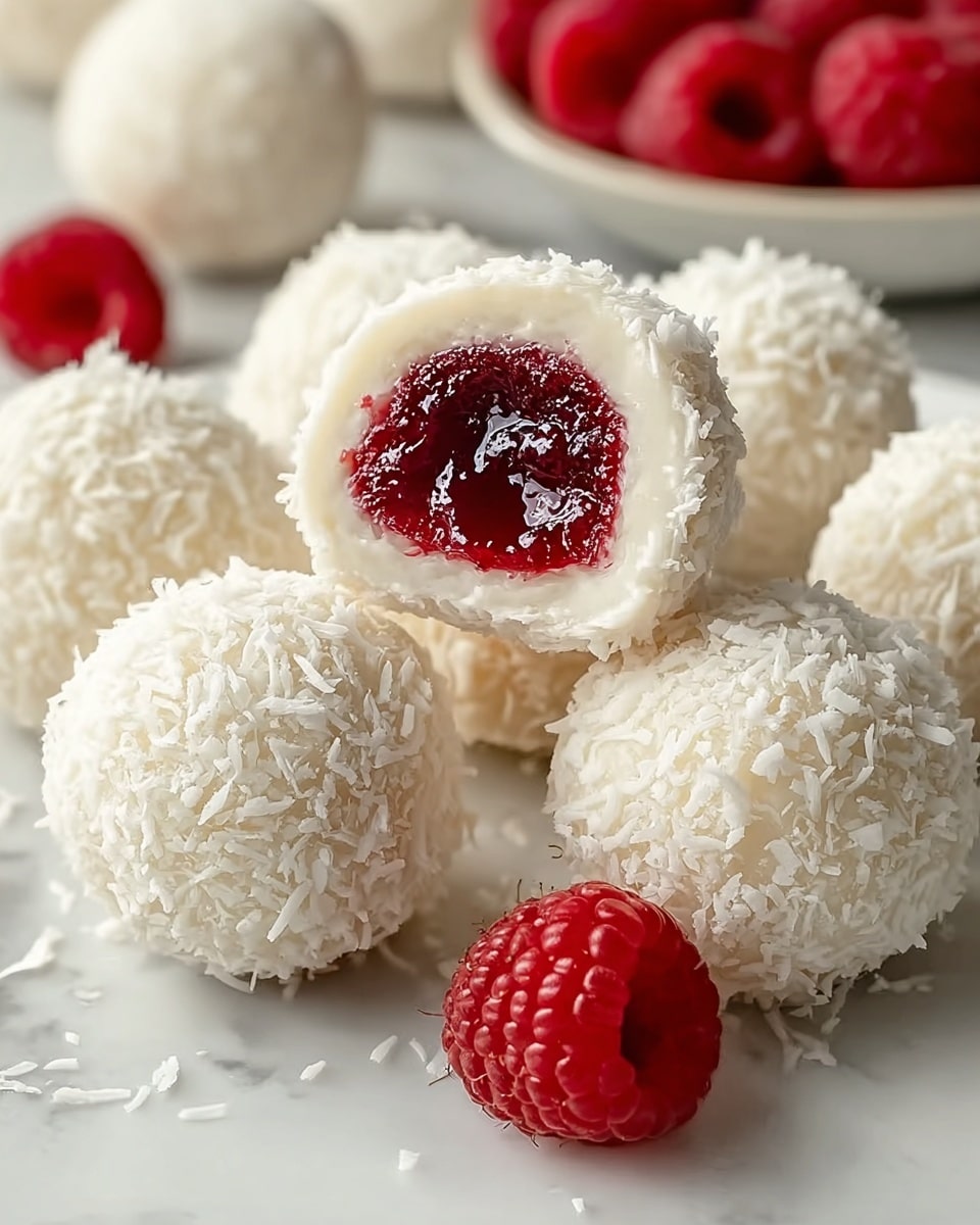 The image shows white round balls covered in shredded coconut arranged on a white marbled surface, with one ball cut in half revealing a bright red, glossy jelly-like center inside. In front of the balls, there is a fresh raspberry with a textured surface. The coconut coating looks soft and fluffy, contrasting with the shiny filling inside, while the raspberry adds a natural, detailed element to the scene. The background has soft focus bowls containing more raspberries and coconut balls, adding depth to the image. photo taken with an iphone --ar 4:5 --v 7