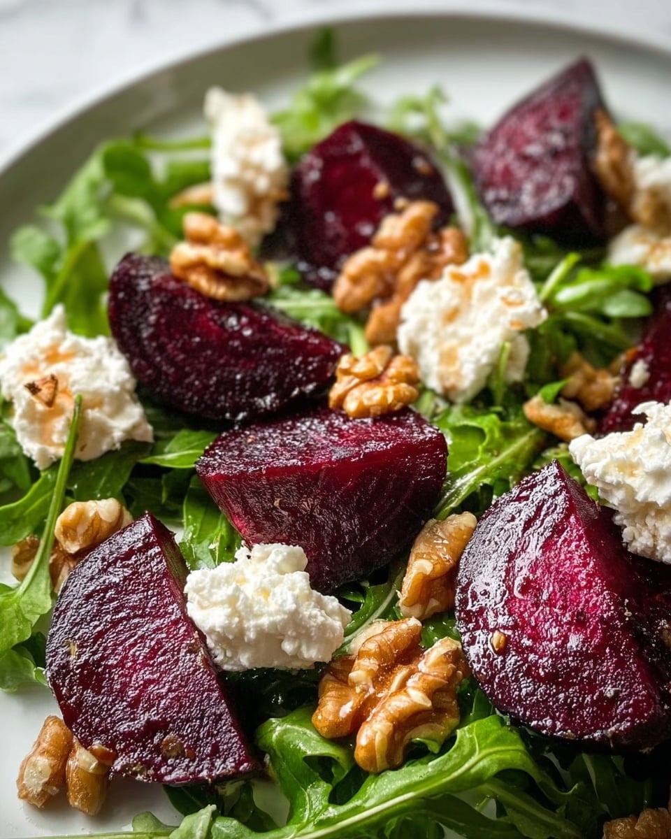 A close-up photo of a salad on a white plate, with a white marbled texture surface under it, showing one layer of fresh dark green arugula leaves spread across the plate, topped with deep red, glossy beetroot slices that appear soft and moist, scattered across evenly, and dollops of crumbly white cheese placed between the beets, finished with whole golden-brown walnut halves sprinkled on top, creating a mix of textures and colors that contrast nicely. photo taken with an iphone --ar 4:5 --v 7