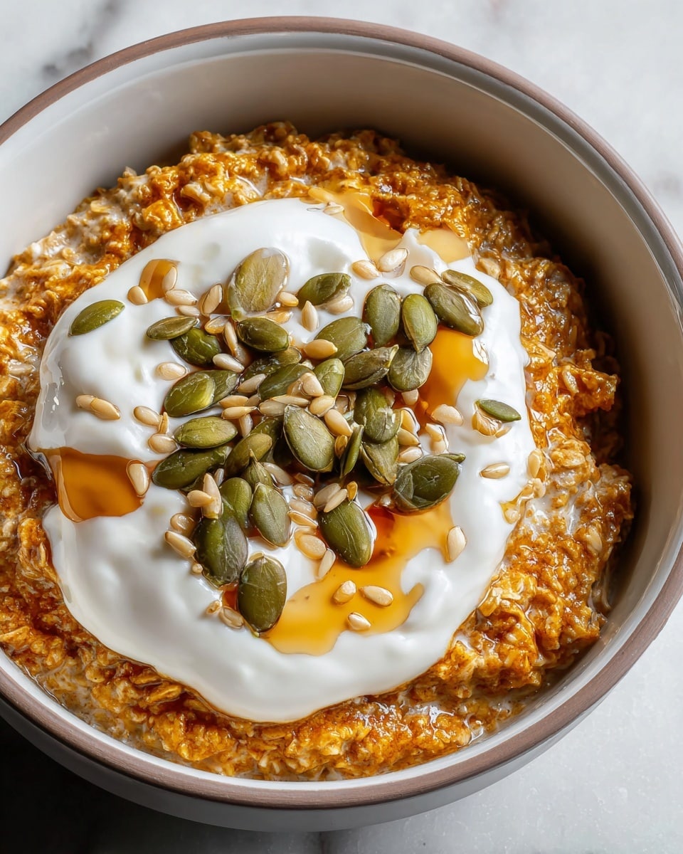 A close-up of a bowl of oatmeal with three distinct layers: the bottom thick layer is orange-brown oatmeal filling most of the white bowl with a slightly chunky texture, the middle layer is a smooth, white yogurt spread in a circular shape on top of the oatmeal, and the top layer includes scattered green pumpkin seeds and small grains with a drizzle of golden-brown syrup pooling in small spots over the yogurt and oatmeal. The bowl sits on a white marbled surface. Photo taken with an iphone --ar 4:5 --v 7