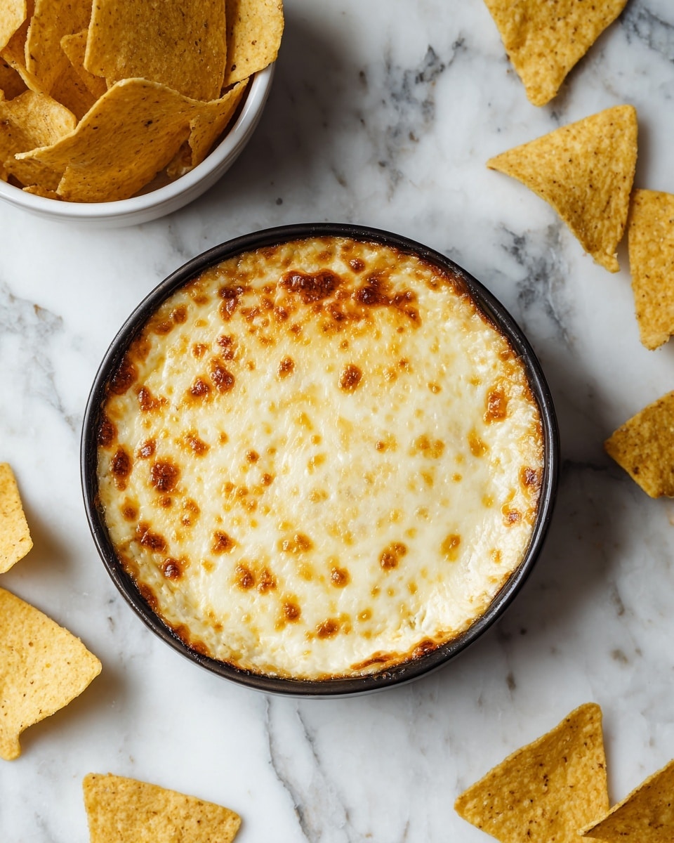 A round black bowl holds a baked cheese dip with a golden brown, bubbly top layer that looks creamy and slightly crisp around the edges. The cheese layer is smooth with spots of darker toasted cheese on top. Around the bowl, there are several triangular, lightly speckled yellow tortilla chips, some inside white bowls and some scattered on a white marbled surface. photo taken with an iphone --ar 4:5 --v 7
