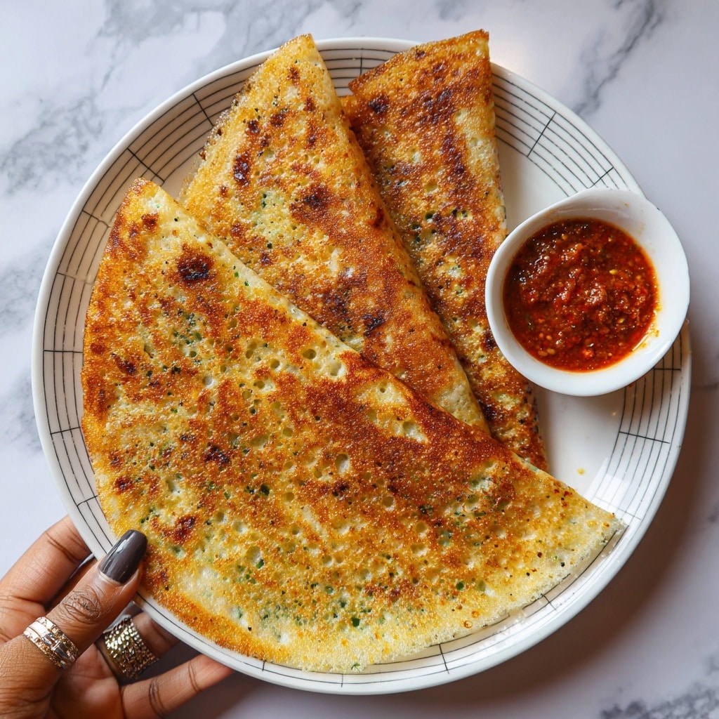 Three triangular-shaped dosas are stacked on a white plate with a subtle grid pattern, each dosa showing a mix of golden brown and green shades with small bubbles and a slightly crispy texture. The top dosa's surface reveals a mottled pattern of darker brown hues, while the lower dosas have more visible green tones, giving a fresh look. To the right edge of the plate, a small white bowl contains a red chutney with a coarse texture. A woman's hand with a ring is placed at the bottom edge of the plate, partially visible. The background shows a white marbled texture. photo taken with an iphone --ar 4:5 --v 7
