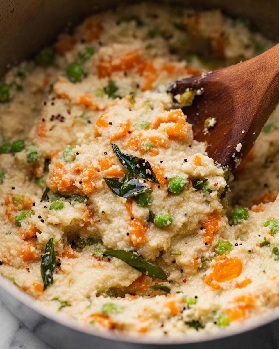 A close-up of a creamy dish with a grainy texture mixed with small pieces of bright orange carrots, green peas, chopped green chili, and fresh curry leaves, all spread evenly throughout the dish. The dish is being stirred with a wooden spoon inside a pot, showing a moist, slightly crumbly consistency with tiny black mustard seeds scattered across. The background has a white marbled texture. Photo taken with an iphone --ar 4:5 --v 7