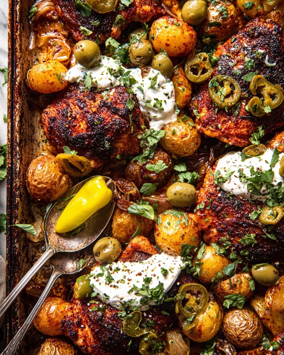 A close-up view of a sheet pan filled with several grilled chicken thighs that have a dark, spicy red-brown crust with herbs scattered on top, nestled among roasted small potatoes that are golden brown with crisp edges. The chicken and potatoes are topped with dollops of white creamy sauce and garnished with whole and sliced green olives, light yellow pepperoncini peppers, fresh green herb leaves, and small white sesame seeds. A silver spoon rests on the pan, holding a bright yellow pepperoncini pepper. The background shows a white marbled texture. photo taken with an iphone --ar 4:5 --v 7