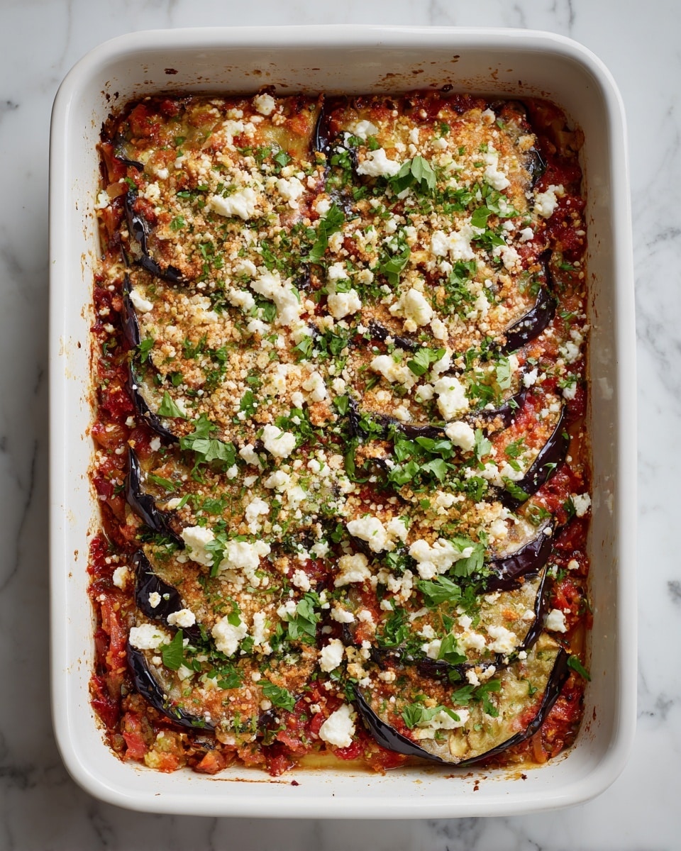 A white rectangular baking dish holds a layered baked dish, starting with a base layer of thinly sliced dark purple eggplant arranged flat, topped with a thick layer of finely chopped red and orange vegetables mixed with herbs, and sprinkled generously with crumbly white cheese scattered unevenly across the top. The edges of the dish show some light browning and cooking juices. The dish sits on a white marbled surface. photo taken with an iphone --ar 4:5 --v 7
