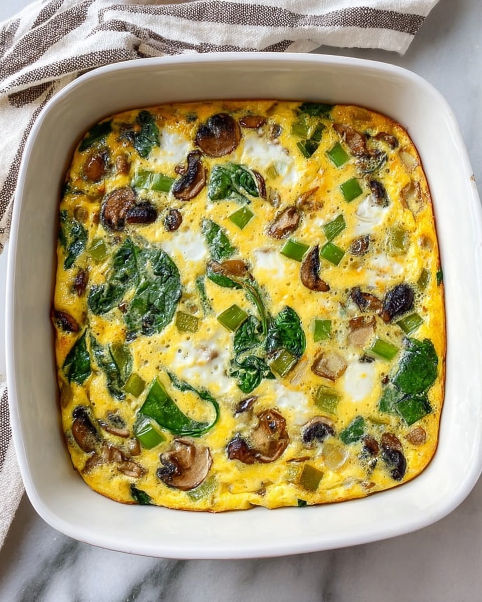 The image shows a baked egg casserole in a white square baking dish sitting on a white marbled surface with a striped cloth partially visible in the background. The casserole has a smooth, slightly puffy top layer with a mix of yellow cooked eggs and white patches of egg whites. Spread throughout the surface are green spinach leaves and diced green bell peppers, along with pieces of browned mushrooms and translucent cooked onions. The dish looks thick and fluffy with an even distribution of ingredients across the entire surface. photo taken with an iphone --ar 4:5 --v 7