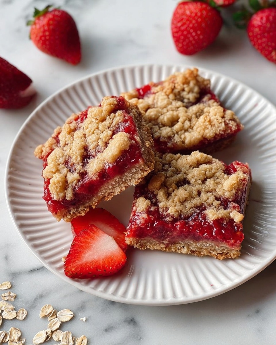 Three square pieces of strawberry crumble bars lie on a white plate with ridged edges, each piece showing a thick layer of bright red strawberry filling topped with golden-brown crumbly oat streusel. The bars have a slightly uneven, textured surface with the crumbs scattered across the top, revealing parts of the shiny, jelled strawberry layer underneath. The plate sits on a white marbled surface with some loose oats and a few whole strawberries around, the sliced strawberry pieces nearby adding an extra pop of red color. Photo taken with an iphone --ar 4:5 --v 7