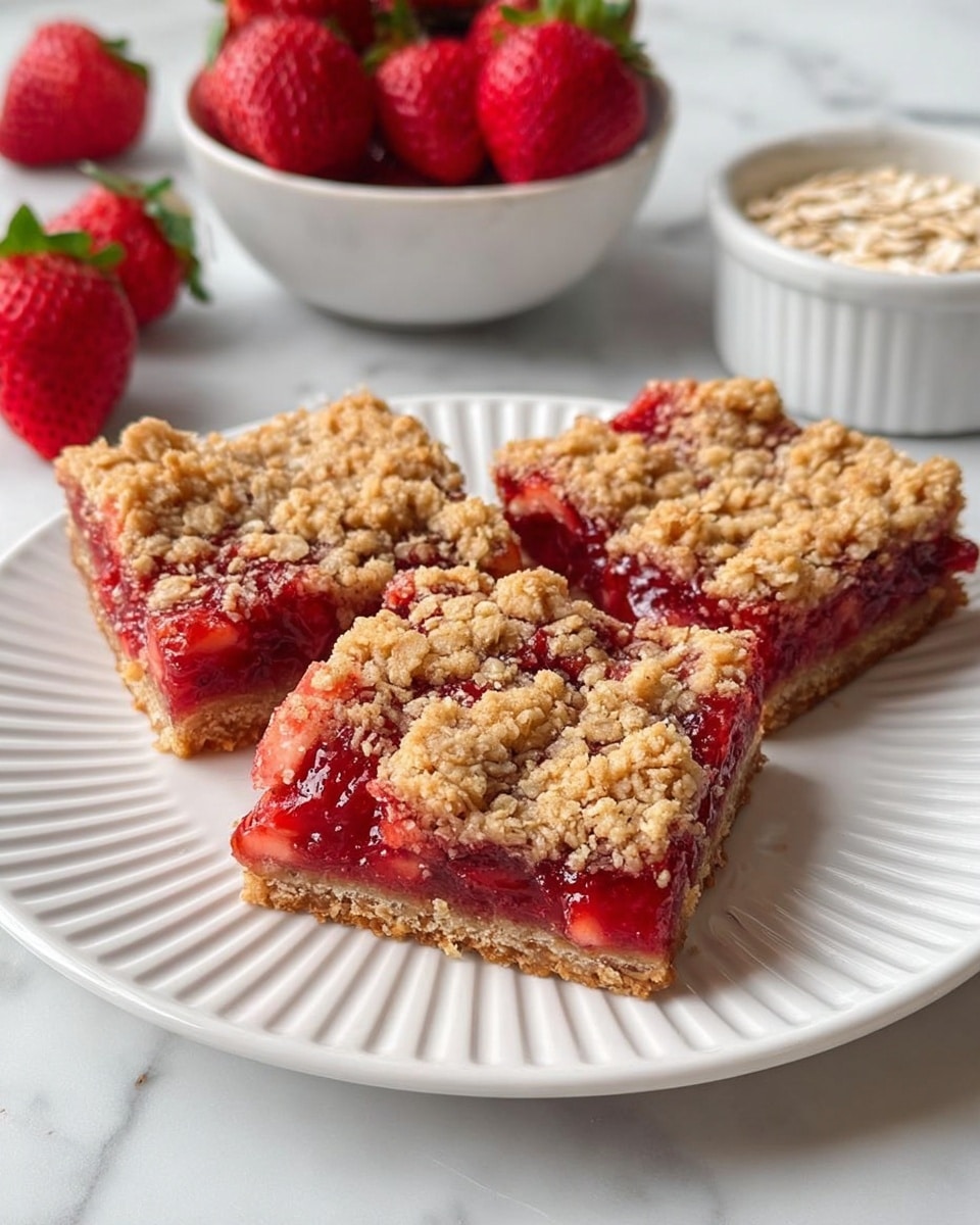 The image shows three square pieces of strawberry crumble bars on a white ridged plate. Each bar has three layers: a light golden crust base, a bright red strawberry jam-like filling in the middle, and a crumbly oat topping with a slightly darker golden color. The texture of the topping is rough with visible oat pieces, contrasting with the smooth, shiny strawberry layer. In the background, there is a small white bowl with oats and another white bowl filled with fresh red strawberries, all placed on a white marbled surface. The photo taken with an iphone --ar 4:5 --v 7
