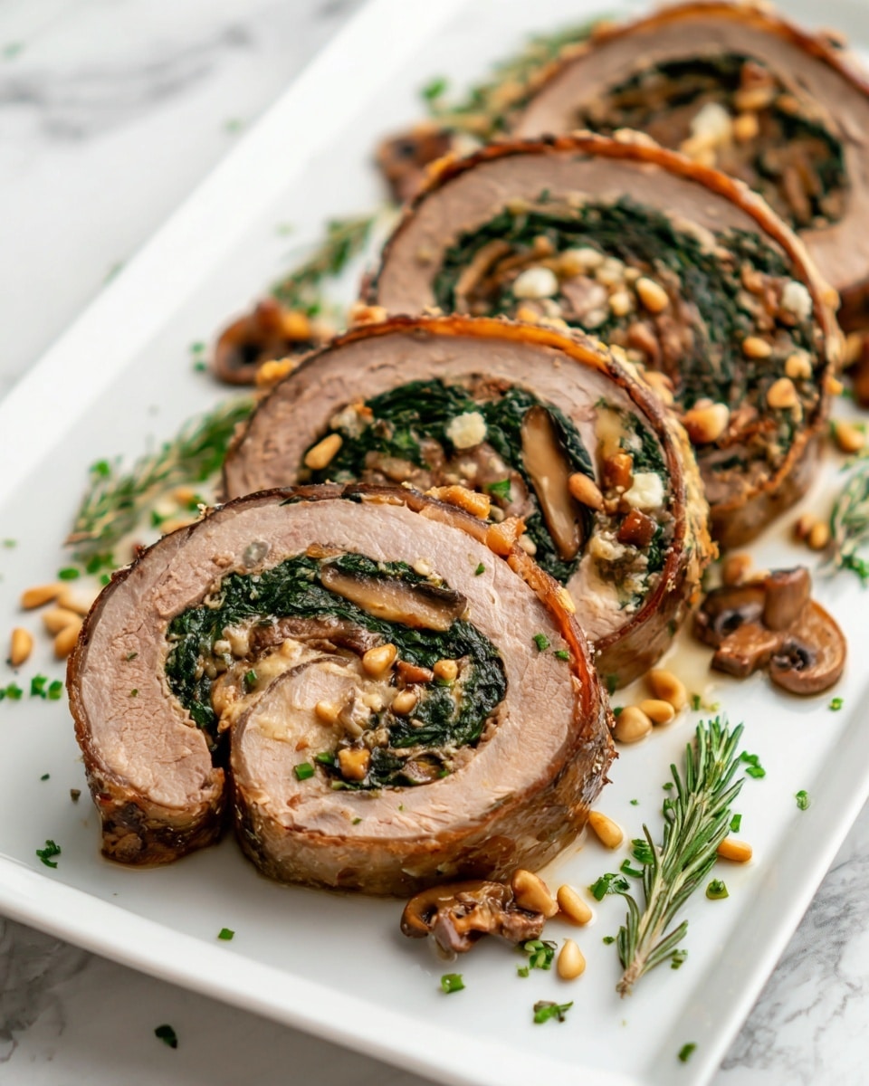 The image shows a white rectangular plate with several slices of meat roulade arranged neatly. Each thick slice has three layers: the outer layer is a brown cooked meat with a slightly crispy texture, the middle layer is a dark green layer of cooked spinach, and the inner layer includes light brown mushrooms and bits of ground nuts or cheese. Some toasted pine nuts and small green herb bits are sprinkled on and around the slices for garnish. The plate is placed on a white marbled surface. photo taken with an iphone --ar 4:5 --v 7