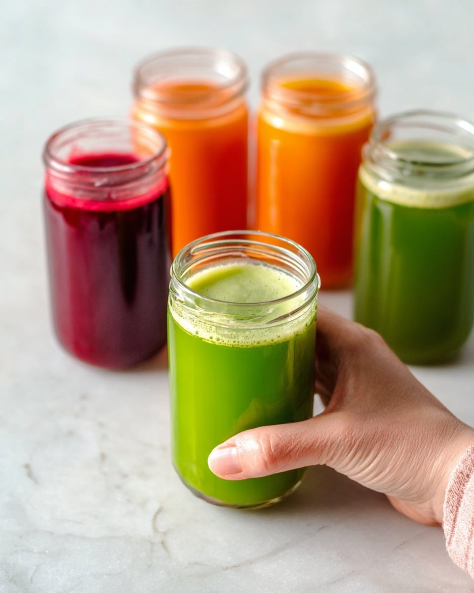 A woman's hand is holding a clear glass jar filled with bright green juice that has a light layer of froth on top, placed center front. Behind it, there are four more clear glass jars arranged in a loose semicircle, filled with colorful juices: two jars with vibrant orange juice on the right side, one jar with deep red juice on the left, and one jar with a slightly darker green juice near the center back. The jars sit on a white marbled surface with a soft, subtle pattern, and the background is a smooth, light color with gentle texture. Photo taken with an iphone --ar 4:5 --v 7