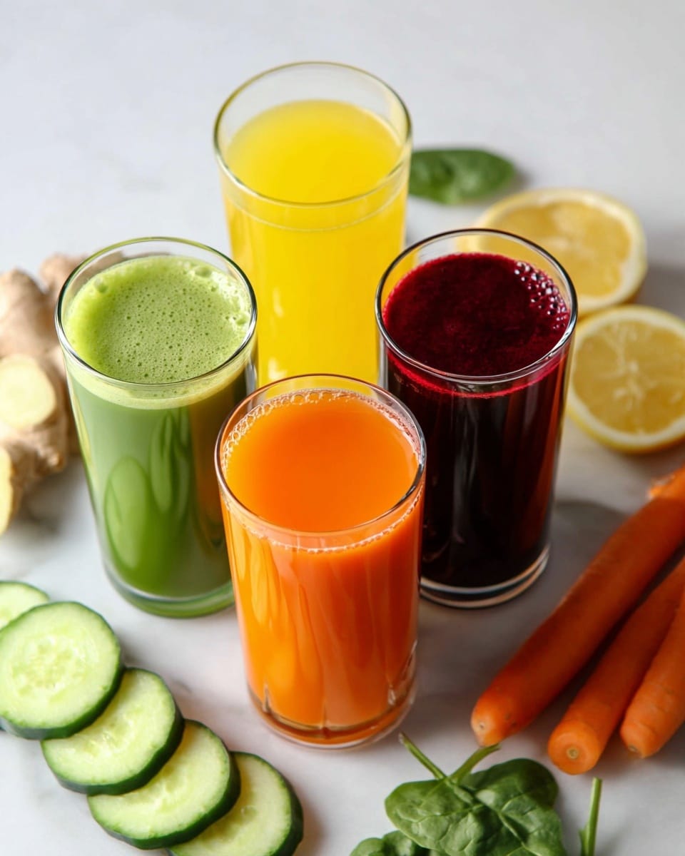 The image shows four tall, clear glasses filled with juices of different colors arranged in a close group on a white marbled surface. The first glass contains bright yellow juice and is placed at the back. In front of it, there is an orange juice glass with a smooth texture. Below these two, there is a green juice glass on the left and a dark red juice glass on the right, both filled to the top. Around the glasses, there are sliced cucumbers stacked neatly, lemon slices, whole carrots, fresh ginger root, and fresh green spinach leaves scattered lightly. photo taken with an iphone --ar 4:5 --v 7