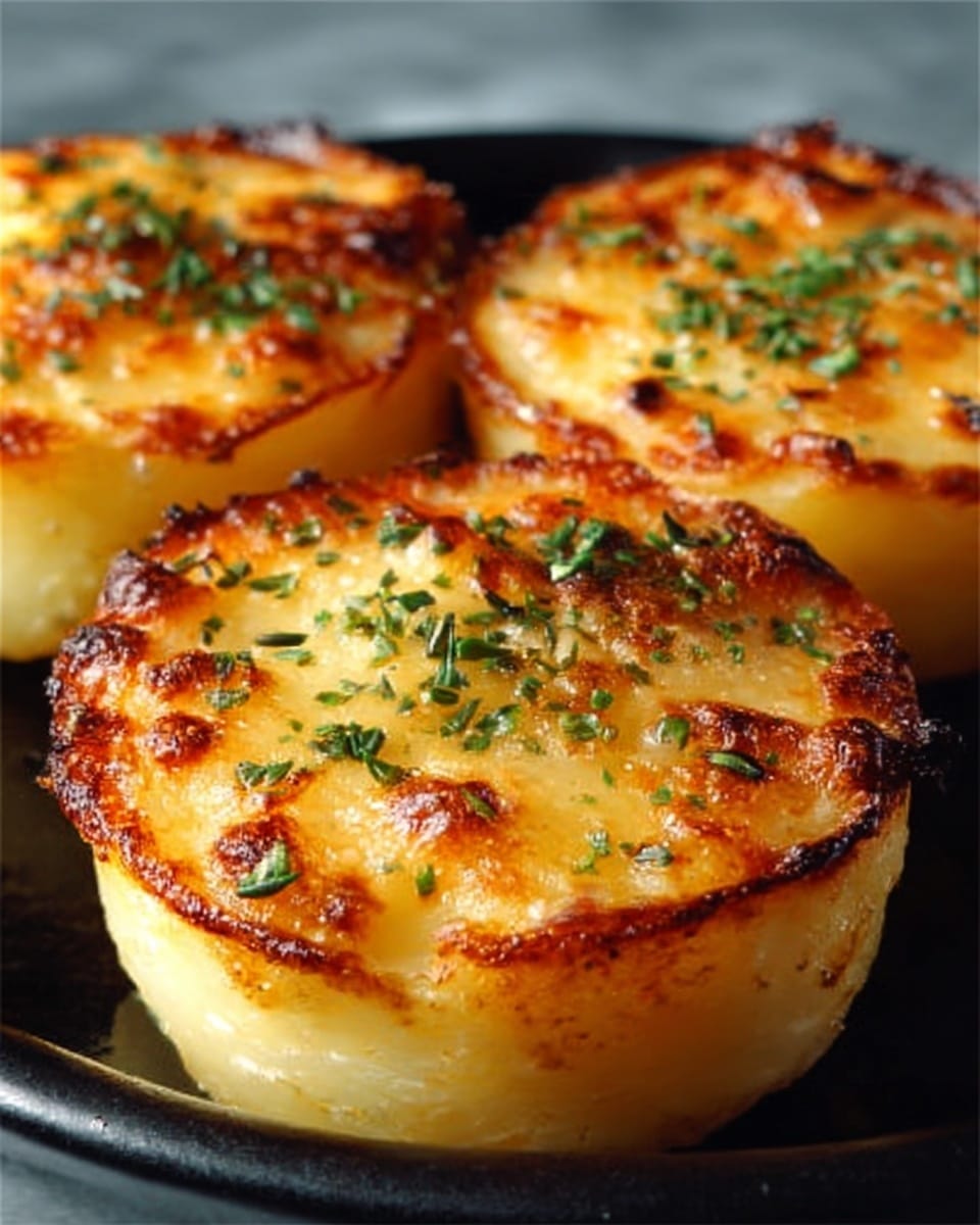 The image shows three round golden brown mini potato gratins on a black dish. Each gratin has a crispy top layer with small browned bits and green herb sprinkles, while the sides are smooth and creamy light yellow. The gratins look soft inside with a slightly textured surface from the melted cheese. In the background, part of a white marbled texture surface is visible. Photo taken with an iphone --ar 4:5 --v 7