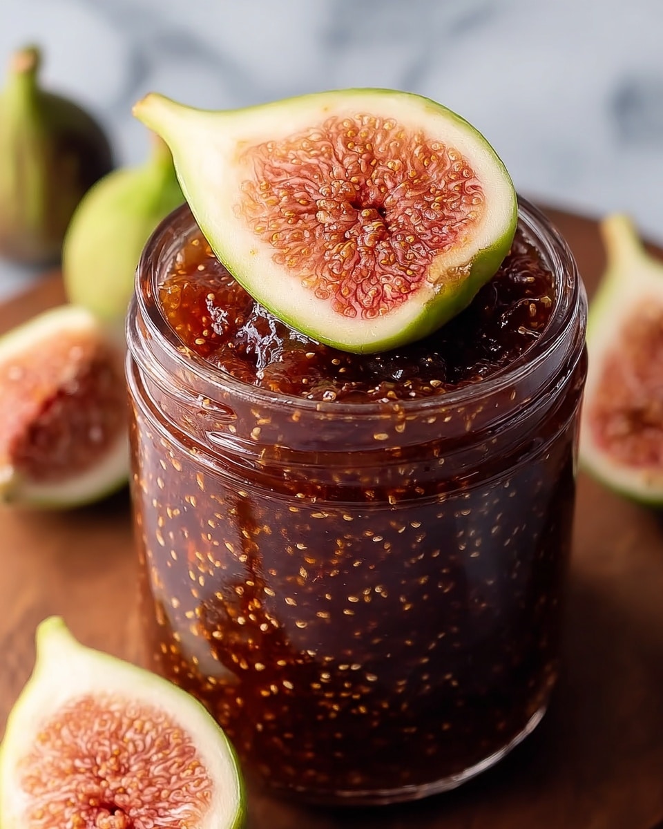 A clear glass jar filled with thick, dark reddish-brown fig jam showing numerous small golden seeds throughout, topped with a halved fresh fig featuring a light green outer skin and a detailed pinkish-red inner flesh with visible seeds, all placed on a wooden surface, with blurred halved figs in the background on a white marbled texture. photo taken with an iphone --ar 4:5 --v 7