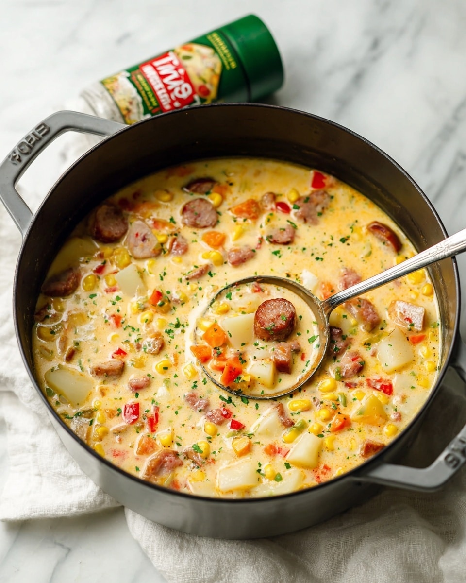A black pot filled with creamy soup that has many colorful ingredients mixed in; the soup includes small yellow corn kernels, white potato cubes, orange carrot pieces, red bell pepper bits, and slices of brown sausage. There is a silver ladle resting inside the pot, partially lifting a scoop of the soup, showing the dense mix of ingredients. The pot is placed on a white marbled surface next to a white cloth, and there is a green seasoning container leaning on the surface above the pot. The soup top is sprinkled with small green herbs. photo taken with an iphone --ar 4:5 --v 7