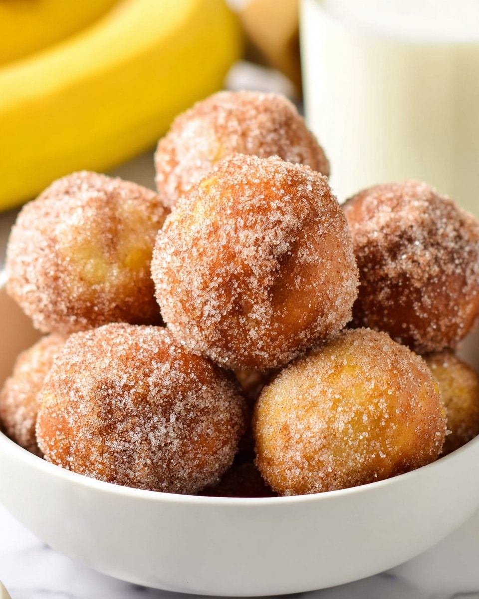 A close-up view of a white bowl filled with round donut holes coated evenly in granulated sugar mixed with cinnamon. Each donut hole is golden brown with a slightly rough texture from the sugar coating, piled on top of each other to show layers of the sugary surface. The background has a soft focus with a yellow banana and a glass of milk, all set on a white marbled surface. photo taken with an iphone --ar 4:5 --v 7