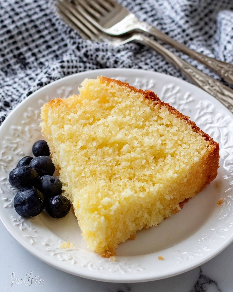 A close-up view of a single slice of moist yellow cake with a slight crumbly texture and a golden-brown edge, sitting on a white plate with a floral embossed rim. To the left of the cake slice, there is a small cluster of fresh dark blueberries that add a pop of color. Behind the plate, two silver forks rest on a white marbled surface covered with a checkered cloth that has a black-and-white pattern. The overall feel is simple and cozy, perfect for a fresh dessert. photo taken with an iphone --ar 4:5 --v 7