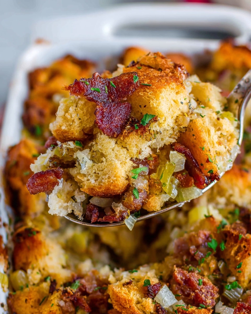 The image shows a close-up of a spoon lifting a serving of golden brown baked stuffing with crispy texture and browned edges. The dish is made up of several layers: soft, dense bread cubes with a slightly rough texture form the base, mixed with small pieces of cooked onion and celery that add light, translucent hints. Interspersed throughout are small crispy bits of reddish-brown bacon or sausage, adding contrast in color and texture. The whole mixture is topped with finely chopped green herbs for a fresh touch. The stuffing looks moist inside but with a crunchy top layer. The background reveals more of the white marbled surface with additional stuffing in a white dish. Photo taken with an iphone --ar 4:5 --v 7