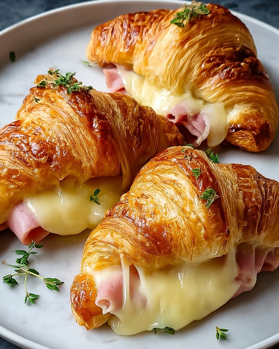 Three croissants stuffed with melted cheese and pink ham are placed on a white plate. Each croissant shows many golden-brown, crispy layers on the outside, while the inside reveals soft, gooey cheese flowing out over chopped ham pieces. Small green thyme leaves are scattered on top of the croissants and on the plate for decoration. The plate rests on a white marbled surface. photo taken with an iphone --ar 4:5 --v 7