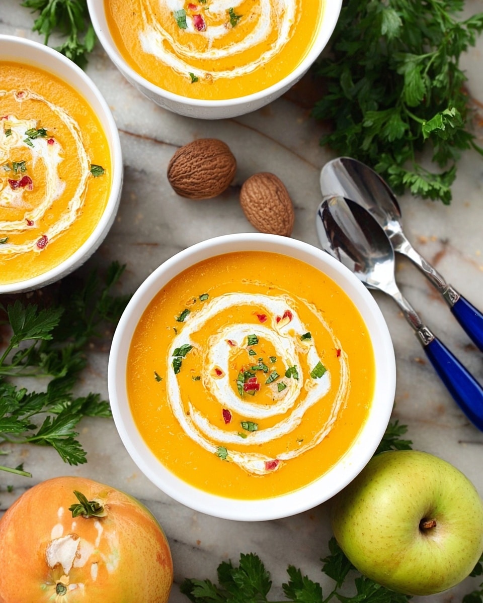 Three white bowls filled with bright orange soup sit on a white marbled surface. Each bowl has a white cream swirl on top, spiraling from the center outward, sprinkled with small green herbs and tiny red bits. The soup looks smooth and creamy. Around the bowls are fresh parsley leaves, a green apple, a partially visible red apple, a whole nutmeg, and a shiny metal spoon with a blue handle. photo taken with an iphone --ar 4:5 --v 7