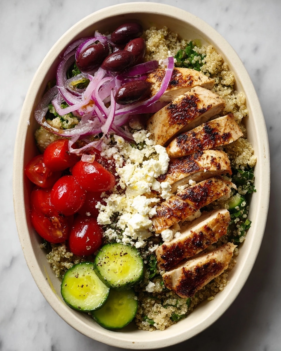 A white oval bowl holds a colorful layered dish. The base layer is light beige quinoa mixed with green leafy bits, filling most of the bowl. On top, grilled chicken breast slices with a golden brown, slightly charred surface are arranged diagonally in the center right. To the left, thinly sliced purple-red onions sit next to small crumbled white feta cheese scattered over the onions and quinoa. Juicy, vibrant red cherry tomatoes are grouped at the bottom left. Near the bottom right, fresh cucumber slices show a shiny green skin with a hint of yellow oil on top. Dark purple Kalamata olives are placed above the cucumber, completing the mix of textures and colors. The whole bowl is set on a white marbled surface. photo taken with an iphone --ar 4:5 --v 7
