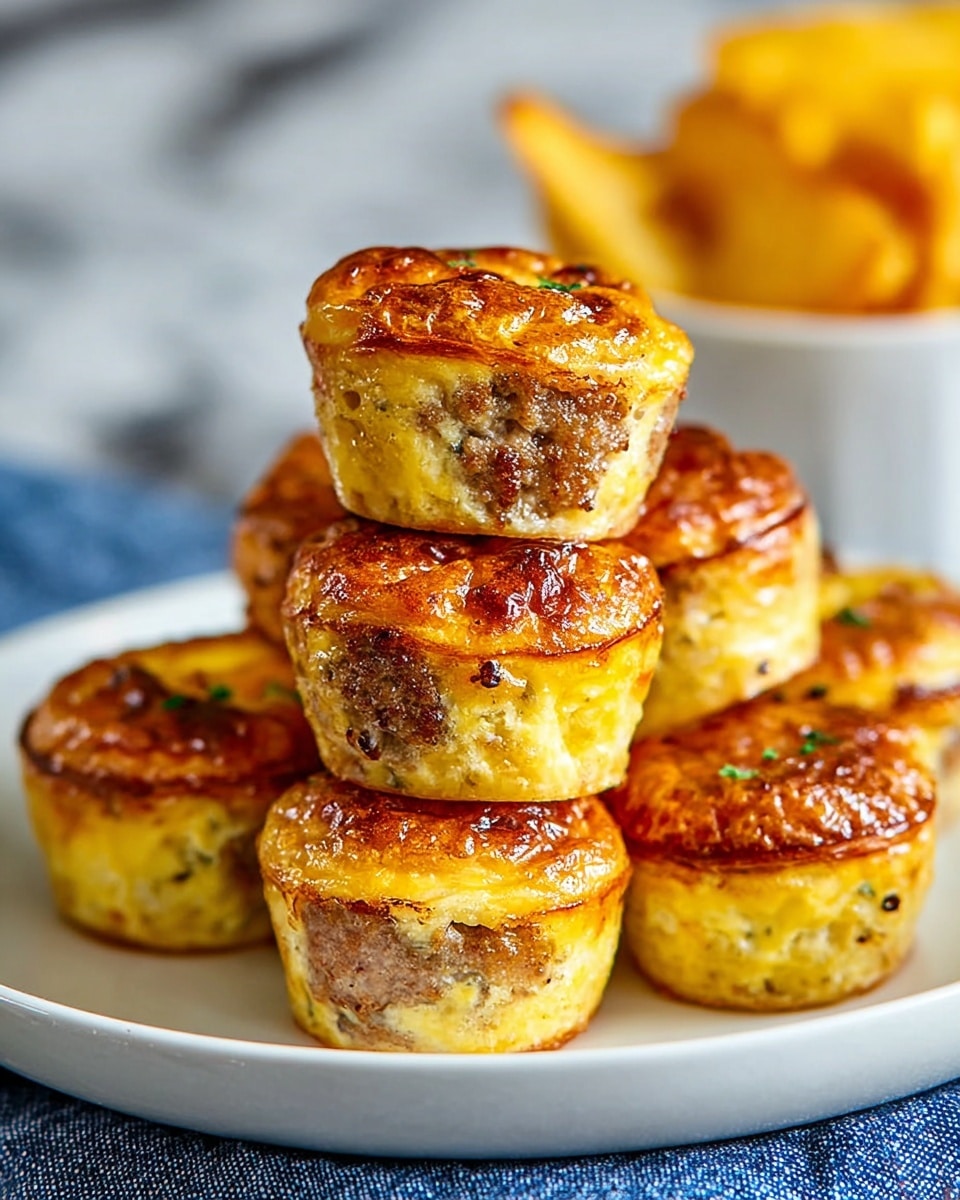A tower of golden-brown, round, crispy sausage egg muffins is stacked on a white plate. Each muffin has a shiny, slightly caramelized top layer with visible specks of black pepper and browned sausage embedded in the light yellow, fluffy egg base. The muffins have a thick texture, and the sides show bits of sausage and herbs. The plate is on a blue cloth with a white marbled surface in the background. In the background, a white bowl holds blurred yellow potato chips. photo taken with an iphone --ar 4:5 --v 7