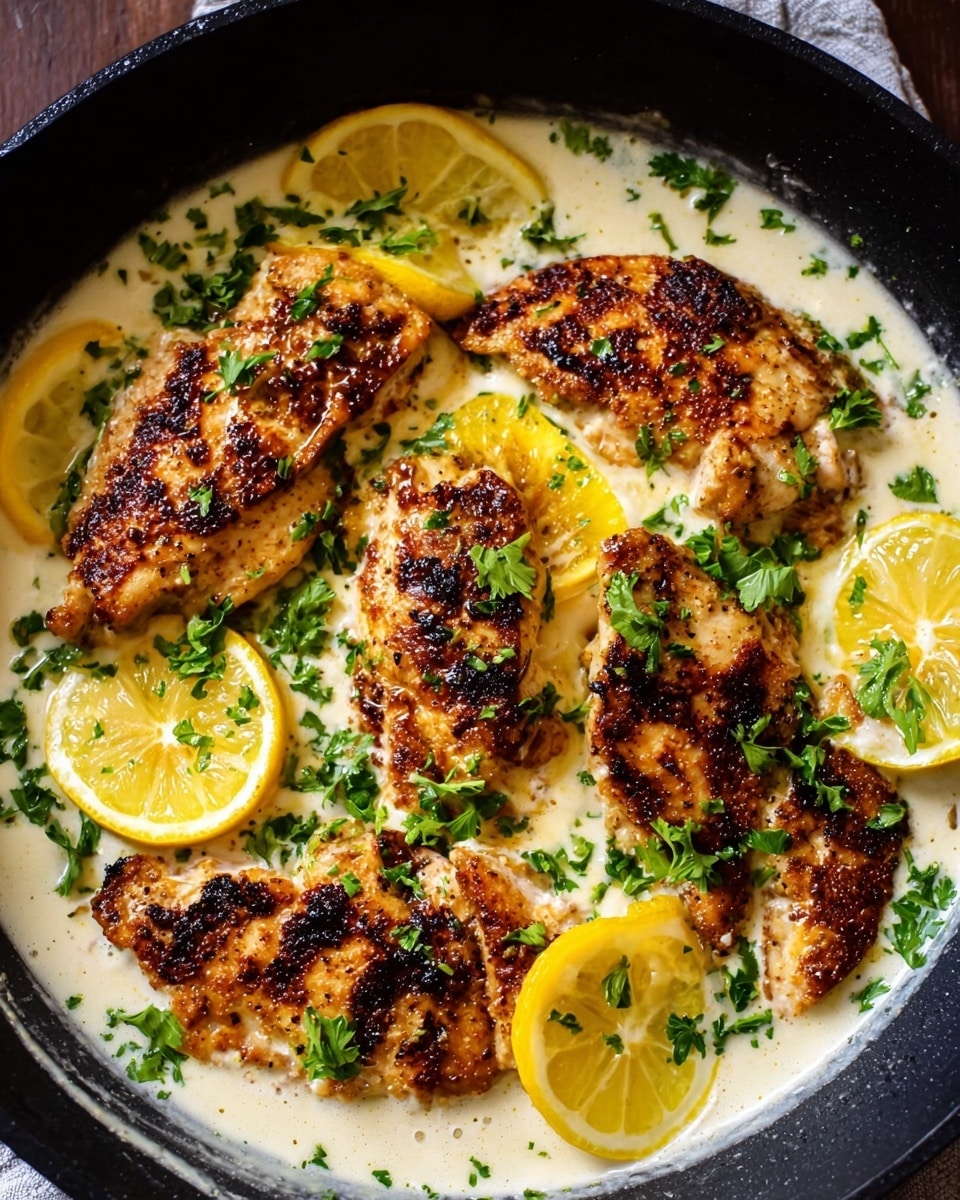 The image shows a black pan filled with four pieces of golden-brown grilled chicken, each piece slightly crispy with visible char marks. The chicken is layered on a thick creamy white sauce, which fills the bottom of the pan and has a smooth texture. Scattered over the chicken and sauce are small green parsley leaves, adding a fresh contrast. Around the edges of the pan, several thin lemon slices are placed, showing bright yellow color and some white pith. The overall look is vibrant with warm tones from the chicken and fresh green and yellow accents. photo taken with an iphone --ar 4:5 --v 7