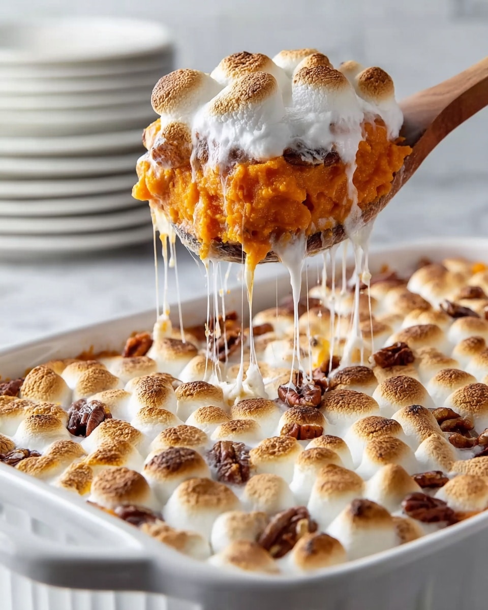 This image shows a white rectangular casserole dish filled with a layered sweet potato casserole. The bottom layer is bright orange, smooth, and slightly chunky sweet potatoes. The top layer is toasted marshmallows that are golden brown and puffy, some showing darker brown spots. A wooden spoon lifts a portion from the dish, with strings of melted, gooey marshmallow stretching from the dish to the spoon. Pieces of pecans peek out below the marshmallow layer, adding texture and contrast. The casserole sits on a white marbled surface with a blurred stack of white plates in the background. Photo taken with an iphone --ar 4:5 --v 7