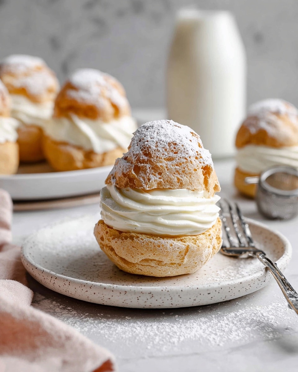 The image shows several cream puffs arranged on a black tray with a decorative pattern. Each cream puff has two layers: the top and bottom are golden brown choux pastry with a light, airy texture, and the middle is filled thickly with a smooth, pale cream that has a slightly ridged surface from piping. The top pastry layer is dusted with powdered sugar, adding a white, powdery texture. There is a small metallic kitchen tool near the puffs on the tray, and some powdered sugar is scattered around them. The background is a white marbled texture. photo taken with an iphone --ar 4:5 --v 7