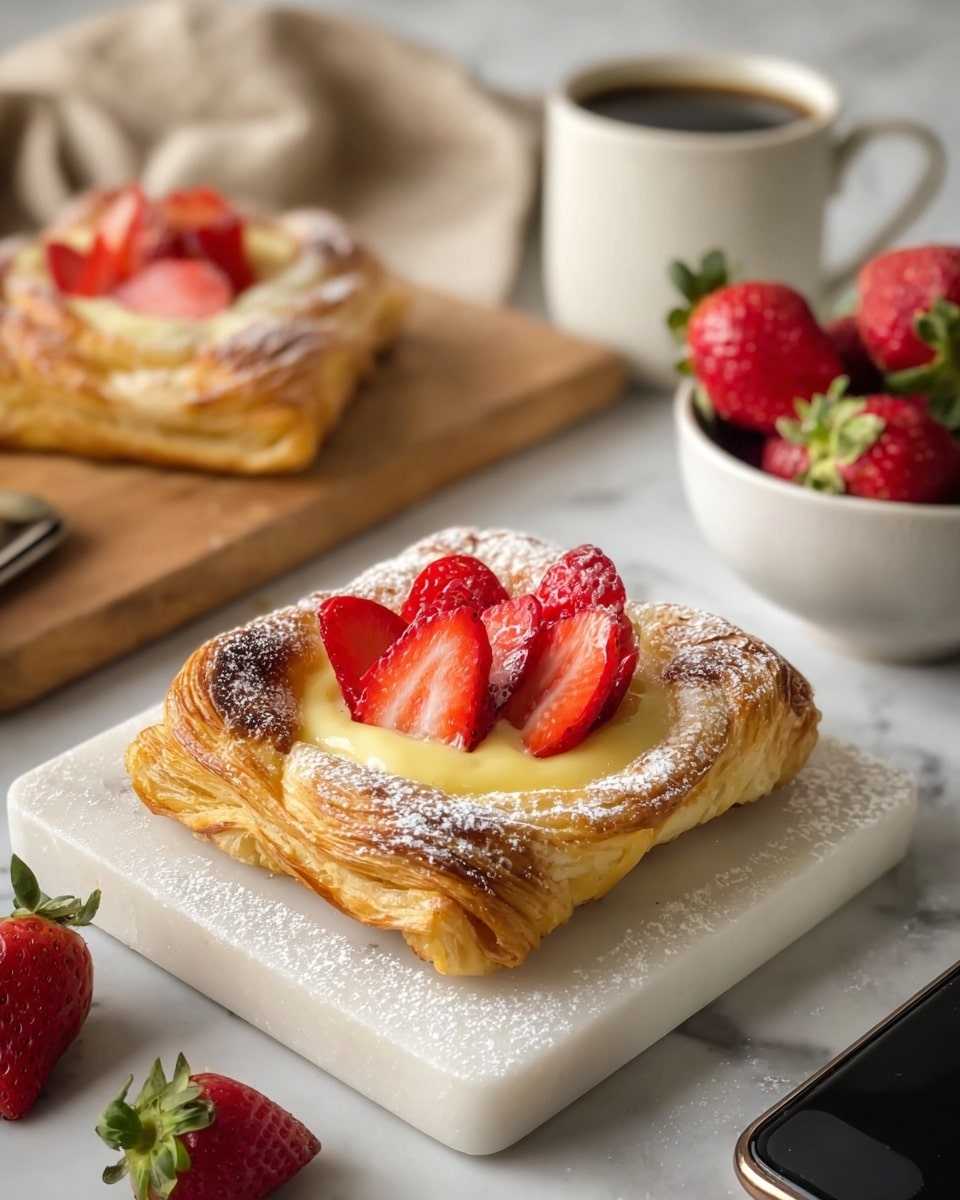 The image shows a pastry with a golden-brown crust on a wooden board, cut in half to reveal two layers inside: a white creamy filling at the bottom and a bright red fruit filling above it, likely strawberry. The top layer of the pastry has white icing drizzled in diagonal lines. Around the pastry on the board are a few fresh red strawberries. In the background, there are two more pastries stacked on top of each other with a similar look, a white cup of black coffee, and a bowl of fresh strawberries, all against a white marbled texture surface. Photo taken with an iphone --ar 4:5 --v 7