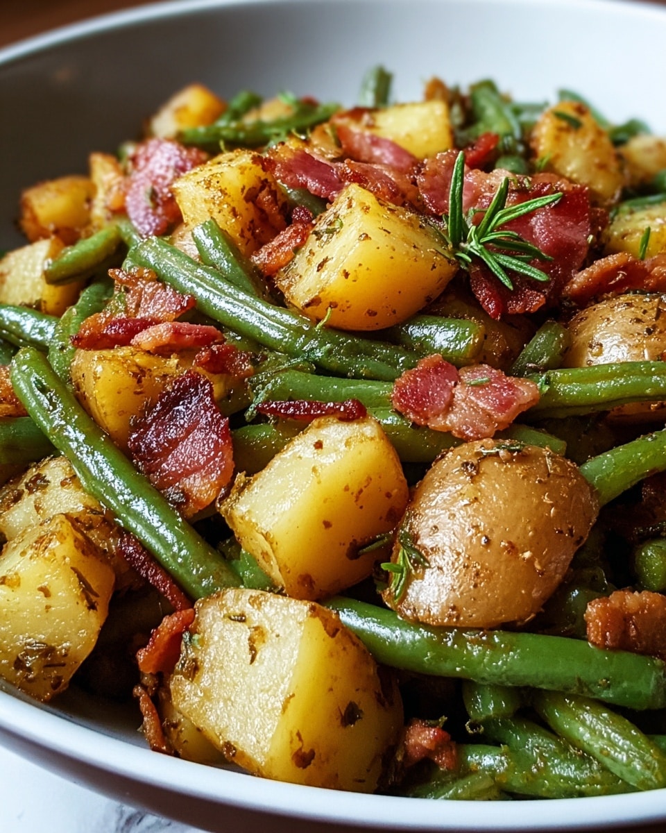 The dish is served in a white bowl, filled with a mix of green beans, golden-brown roasted potato pieces, and crispy reddish-brown bacon strips. The green beans are vibrant and glossy, scattered throughout, adding a fresh green color. The potato chunks are roasted to a golden crust, showing a slightly rough texture with some herbs visible on their surface. The bacon pieces are thin, crinkled, and fried to a crispy finish, resting on top and between the other ingredients. Small sprigs of herbs are sprinkled over the dish, adding a touch of green and freshness. The overall look is warm, hearty, and inviting, with a balanced combination of colors and textures. Photo taken with an iphone --ar 4:5 --v 7