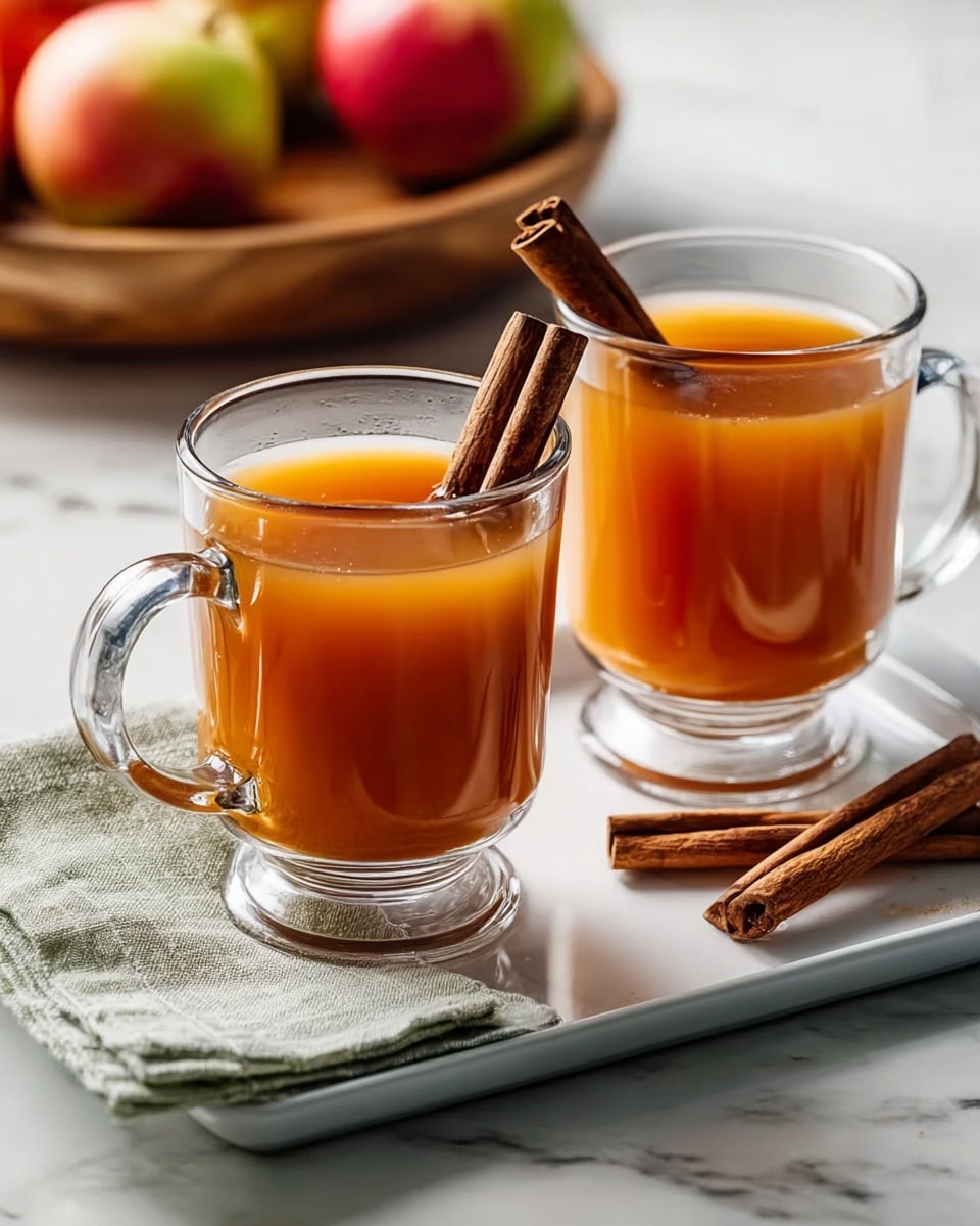 Two clear glass mugs filled with a warm, opaque amber-orange liquid sit on a white rectangular plate. Each mug has a cinnamon stick inside, leaning slightly against the mug's rim to create a dark brown, textured detail contrasting with the smooth drink. On the plate beside the mugs, there are two extra cinnamon sticks, dark brown and rough-textured, lying parallel. Next to the mugs is a folded soft, pale green cloth napkin with a slightly wrinkled texture. The entire setup rests on a white marbled surface that adds subtle veins of grey, complementing the rustic and cozy feel. In the blurred background, a wooden bowl filled with red and green apples adds soft, warm color highlights to the scene. photo taken with an iphone --ar 4:5 --v 7