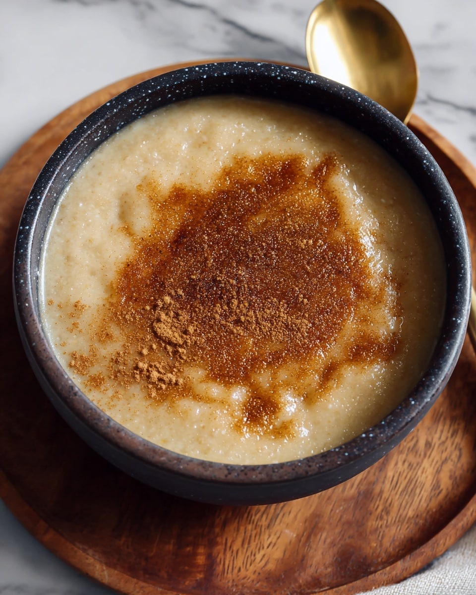 A dark bowl filled with one smooth, thick layer of light beige creamy porridge, topped evenly with a fine sprinkle of warm brown cinnamon powder in the center, creating a slightly darker, textured patch. The bowl sits on a wooden base with a golden spoon nearby, all set on a white marbled surface. photo taken with an iphone --ar 4:5 --v 7