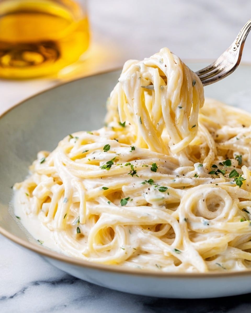 A close-up view of creamy spaghetti pasta served in a white bowl on a white marbled surface. The dish shows thick, smooth pasta strands coated in a rich white cream sauce, with small green herb bits sprinkled on top. A silver fork twirls a small nest of pasta, lifting it slightly off the plate, capturing the sauce's thick texture. The background includes a blurry glass of golden liquid adding warm tones. photo taken with an iphone --ar 4:5 --v 7