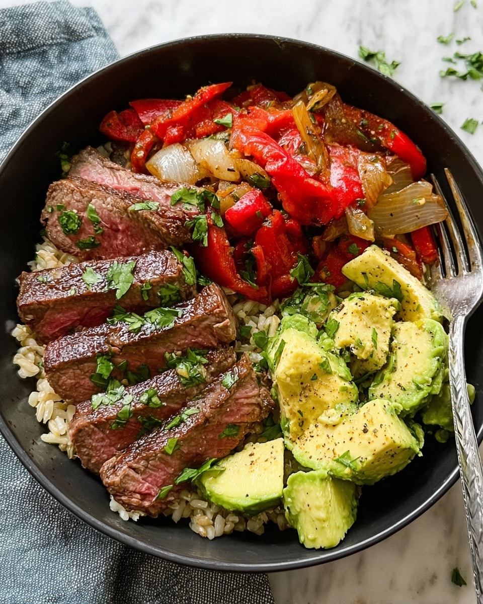 A black bowl with four main layers: in the bottom, a bed of light beige rice; on the left side, several slices of medium-rare steak showing pink inside and browned outside, garnished with green herbs; at the top right, chunks of red roasted bell pepper mixed with browned onion pieces and sprinkled with chopped green herbs; on the bottom right, diced light green avocado pieces tossed with green herbs and black pepper. The bowl sits on a white marbled texture with a silver fork and knife on the left and a textured beige and white cloth on the right. Photo taken with an iphone --ar 4:5 --v 7