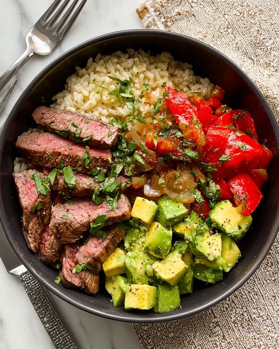 A black bowl sits on a white marbled surface holding a colorful dish with four main parts: the bottom layer is light brown cooked rice; on the left, there are four slices of medium-rare steak with a seared dark brown outside and a pink inside, topped with chopped green herbs; at the top, sautéed red bell peppers and lightly browned onions are mixed with green herb pieces; on the right, there are chunks of creamy yellow-green avocado mixed with herbs and black pepper. A fork and knife rest beside the bowl, and some extra green herbs are scattered around. Photo taken with an iphone --ar 4:5 --v 7
