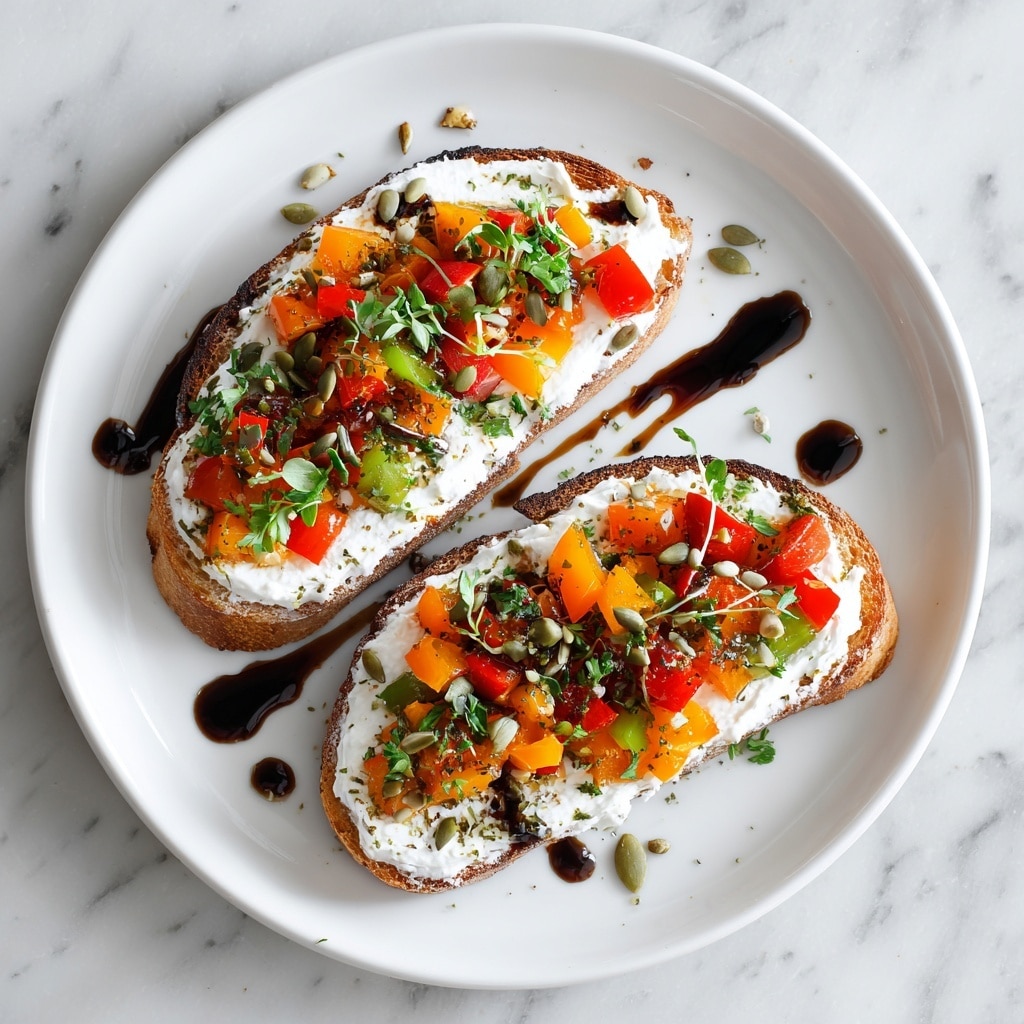 Two slices of toasted bread are shown on a plain white plate, each topped with a thick, creamy white spread that covers the surface fully. On top of the spread, there are vibrant orange and red pieces of bell peppers scattered along with some green herbs and small seeds. A dark sauce is drizzled over and around the bread, creating a contrast with the white plate and spread. The white plate rests on a white marbled surface. Photo taken with an iphone --ar 4:5 --v 7