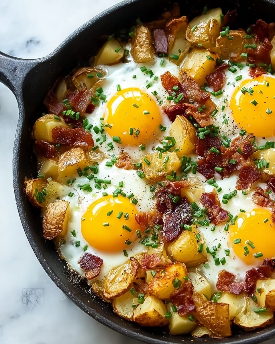 A white skillet filled with a layered breakfast dish, starting at the bottom with golden brown chunky potatoes and scattered cooked bacon bits. On top of the potatoes are two sunny-side-up eggs with bright yellow yolks and smooth white edges. Small bits of chopped green herbs are sprinkled over the entire dish, adding a fresh touch. The food looks warm and inviting, contrasting with the dark skillet and set on a white marbled surface. Photo taken with an iphone --ar 4:5 --v 7