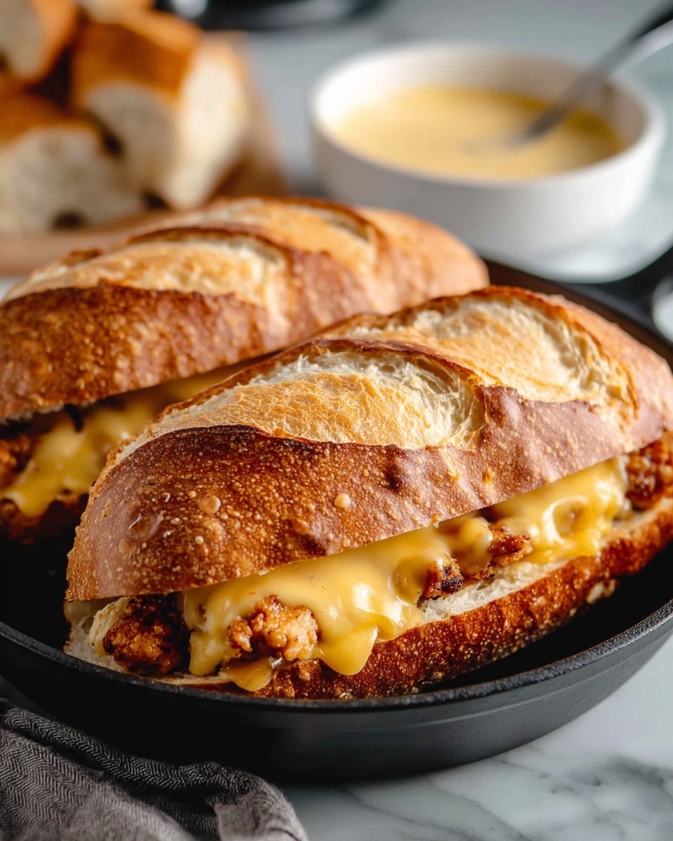 There are six small sandwiches placed on a black tray on a white marbled surface. Each sandwich has a soft, light brown bun with a crispy fried chicken patty inside, topped with melted yellow cheddar cheese. The buns are slightly shiny and smooth on top. In the middle of the tray, there is a small white ramekin filled with a creamy yellow sauce. Behind the tray, there is a black pan with more soft buns inside. A silver spoon rests at the front right edge of the tray. Photo taken with an iphone --ar 4:5 --v 7