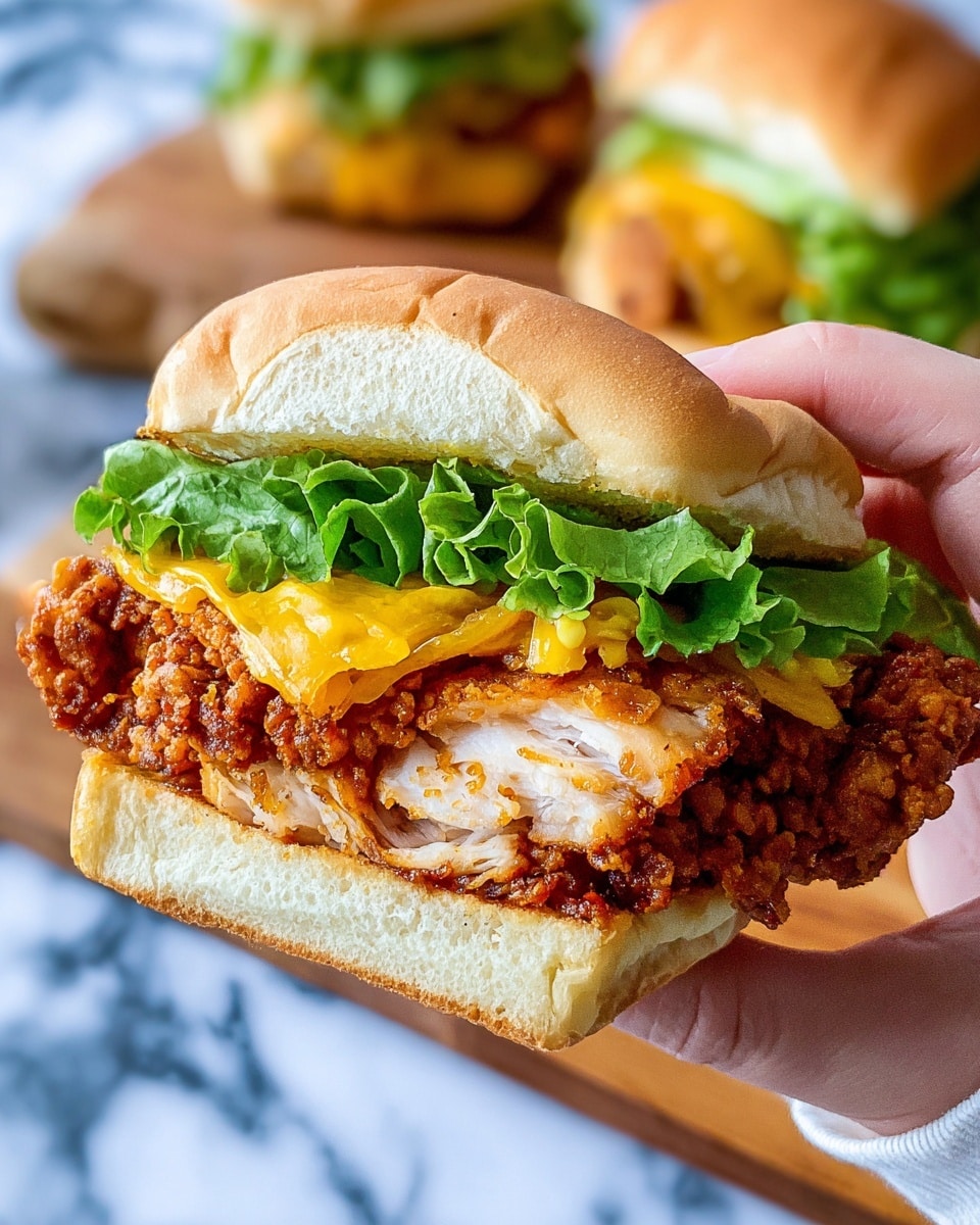 A close-up photo shows a woman's hand holding a sandwich layered with a soft, light tan bun on top and bottom. Inside, starting from the bottom, there is a crispy fried chicken fillet with a crunchy golden-brown coating and visible white meat inside. Above the chicken is a layer of melted yellow cheese, topped with fresh green lettuce leaves that add a bright, crisp texture. The sandwich is held over a white marbled surface with two more similar sandwiches in soft white buns placed on a light wooden board in the background. Photo taken with an iphone --ar 4:5 --v 7