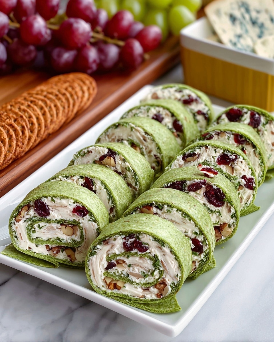 A white rectangular plate holds three neat rows of green pinwheel wraps, each evenly sliced to show two visible layers: a smooth, bright green spinach tortilla on the outside, and a creamy white filling swirled inside that contains bits of dark red dried cranberries, light brown nut pieces, and small green herbs scattered throughout. The plate is placed on a white marbled surface, with a wooden board holding red grapes and a piece of blue cheese in the background, along with a yellow container filled with round, reddish-brown crackers. Photo taken with an iphone --ar 4:5 --v 7