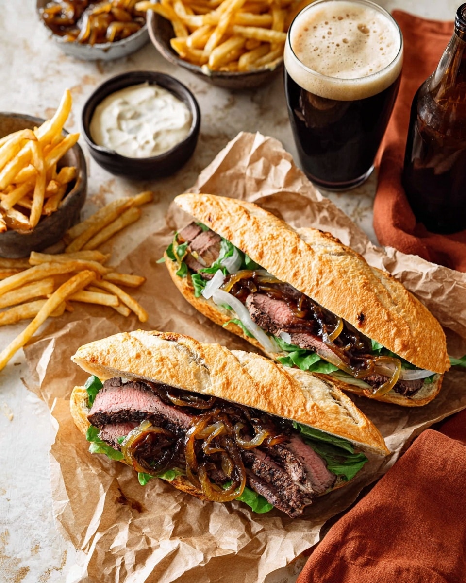Two steak sandwiches rest on crumpled brown paper over a white marbled surface, each sandwich layered with a toasted golden-brown baguette top, a thick layer of caramelized onions with a glossy deep brown texture, visible grilled steak slices with charred edges and pink centers, and fresh green lettuce at the base. Around the sandwiches are thin golden French fries, some stacked and spilling to the sides. Behind this, there is a small dark bowl filled with caramelized onions and a clear small glass bowl with creamy white sauce. A dark glass of frothy stout beer, with a rich tan foam on top, stands tall near a brown bottle. The whole scene is set on a white marbled surface with an orange cloth partially visible underneath. photo taken with an iphone --ar 4:5 --v 7