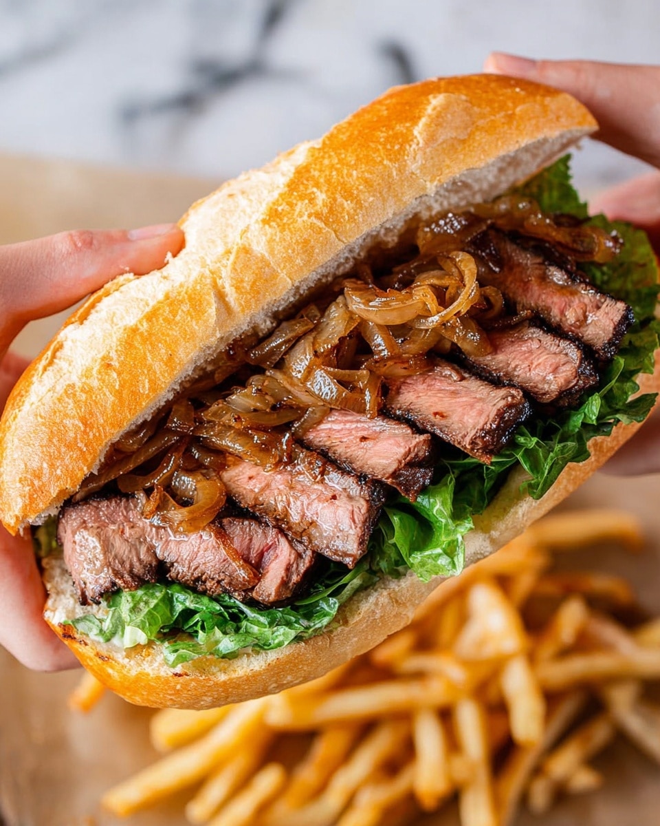 A sandwich held by a woman's hand shows three main layers inside a lightly toasted, golden brown hoagie roll. The bottom layer consists of fresh green lettuce leaves, above that is a thick slice of grilled steak with grill marks and a pink center indicating medium-rare cooking. On top of the steak are caramelized onions that are golden brown and slightly glossy. In the background, there are light golden French fries scattered on a surface with a white marbled texture. photo taken with an iphone --ar 4:5 --v 7