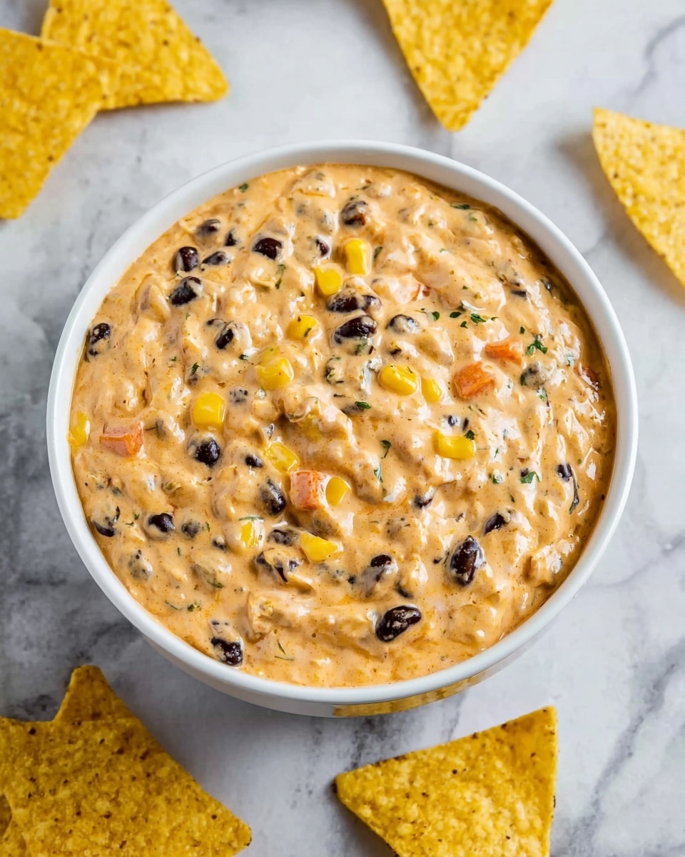 A white bowl filled with creamy, thick dip that is light orange in color with visible small chunks mixed throughout. On top, there are black beans, small yellow corn pieces, and some tiny diced orange and green vegetable bits, all slightly submerged in the dip. The texture looks smooth but with a bit of chunkiness from the ingredients. Surrounding the bowl, there are several triangular yellow tortilla chips on a white marbled surface. Photo taken with an iphone --ar 4:5 --v 7