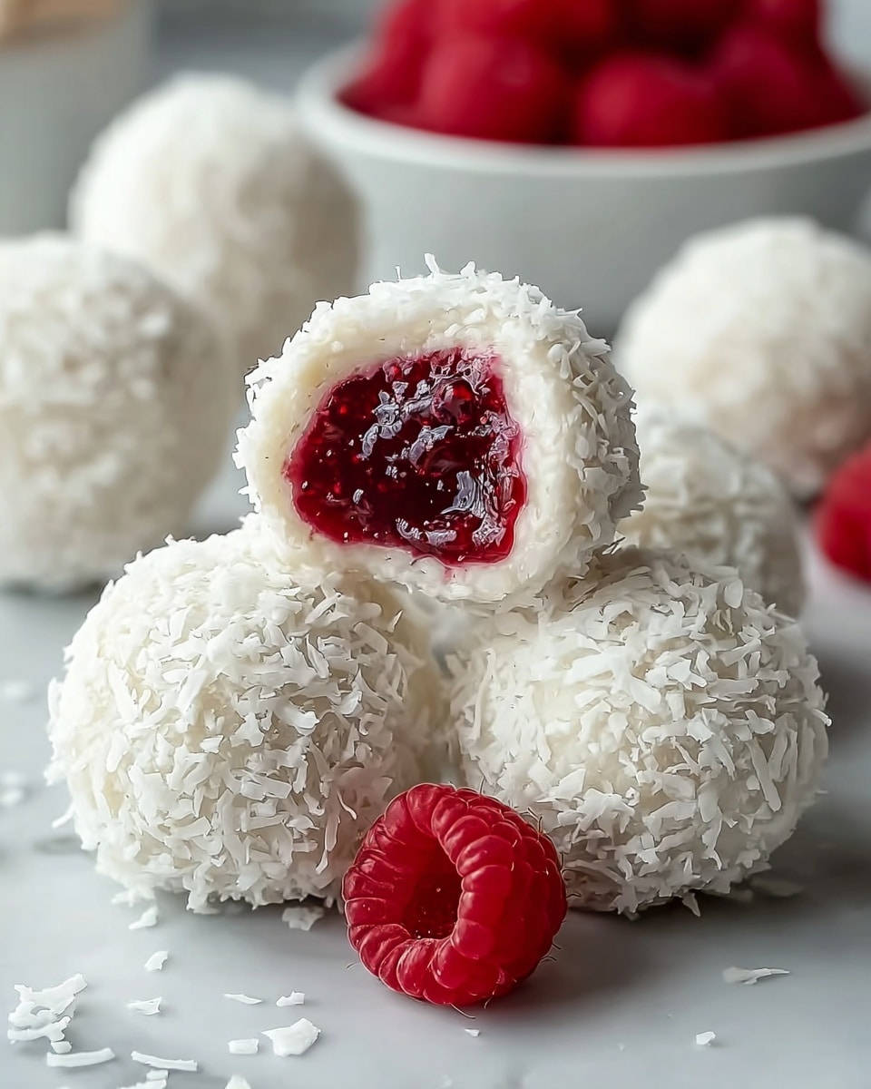 The image shows several round white balls covered in shredded coconut flakes, giving them a rough, snowy texture. One ball is cut open, revealing a bright red raspberry jam filling inside, which is shiny and seedy. There is a whole fresh raspberry with a bumpy surface and deep red color placed next to the coconut balls. The white coconut balls and raspberry are all placed on a white marbled surface. In the blurred background, there are white bowls filled with raspberries. Photo taken with an iphone --ar 4:5 --v 7