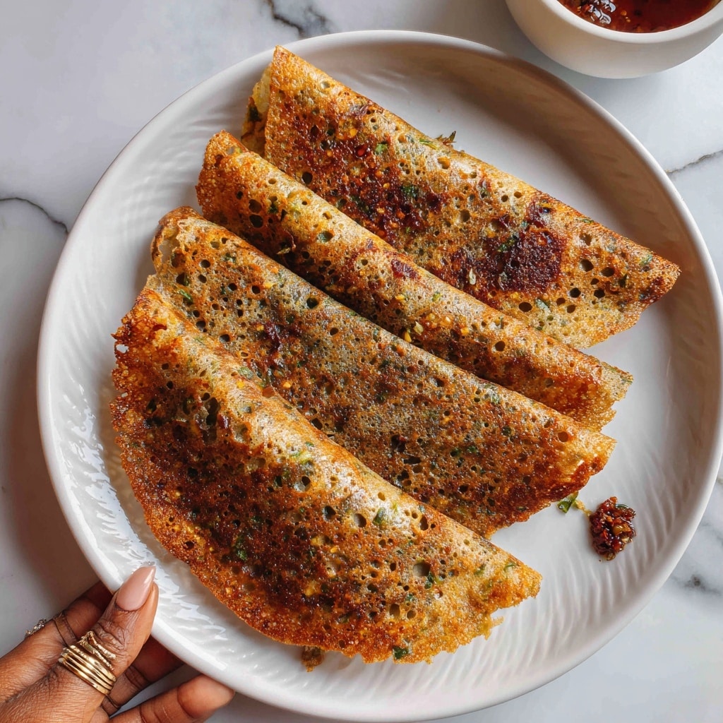 The image shows three folded dosas stacked on top of each other on a white plate with a subtle pattern. Each dosa has a crispy texture with a mix of golden brown and greenish hues, indicating the presence of sprouts. The dosas have small holes and a slightly rough surface, giving them a homemade look. On the right edge of the plate, a small white bowl with a dark reddish chutney is partially visible. A woman's hand with a ring on the middle finger is touching the plate in the bottom left corner. All of this is placed on a white marbled surface. photo taken with an iphone --ar 4:5 --v 7