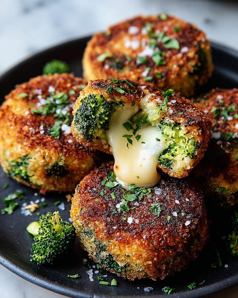 A black plate holds five round broccoli cakes with a golden brown crispy outside and green broccoli bits visible through the crispy coating. One cake is broken in half on top, revealing a gooey, melting white cheese center surrounded by bright green broccoli. Small sprinkles of chopped fresh herbs and coarse salt are scattered over the cakes and plate. The background is a white marbled texture. photo taken with an iphone --ar 4:5 --v 7