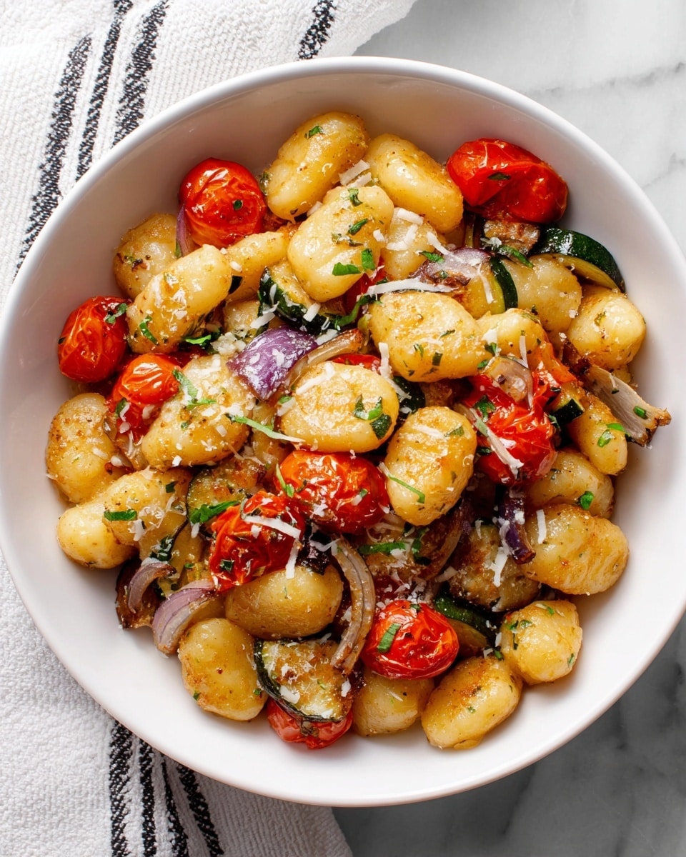 A white bowl filled with a mix of golden-brown gnocchi, bright red roasted cherry tomatoes, small pieces of green zucchini, and thin slices of purple onion, all sprinkled with small green herb bits and thin white cheese flakes. The gnocchi are plump and slightly browned, while the cherry tomatoes look soft and juicy. The dish sits on a white marbled surface with a white and black striped cloth partially visible to the side. photo taken with an iphone --ar 4:5 --v 7