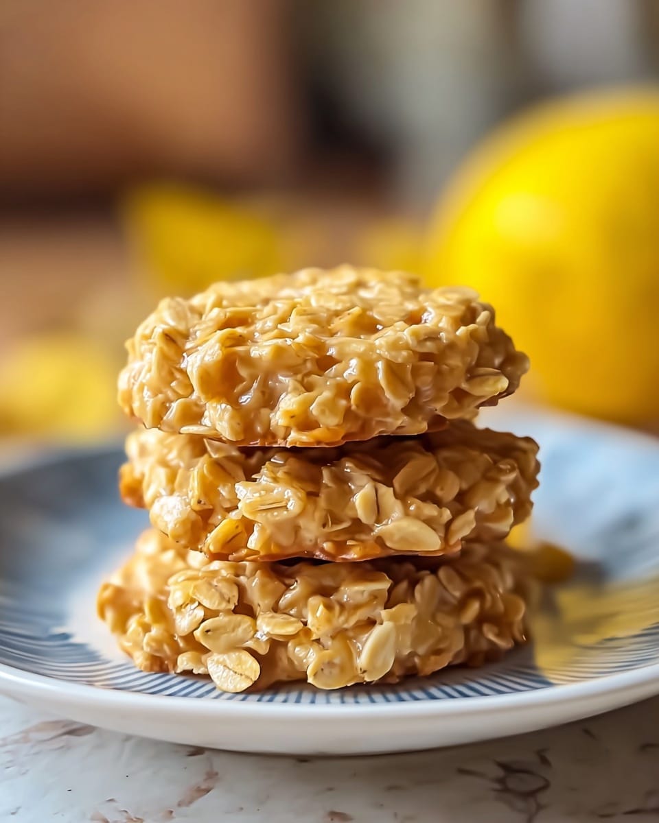 The image shows a small stack of three oatmeal cookies resting on a white plate with a thin black rim. The top cookie is in sharp focus, showing a rough texture with visible oats and a light golden brown color. The cookies look thick and chewy with uneven edges. Behind the plate, there is a soft, white marbled surface and a blurry yellow object in the background. The photo has warm lighting, highlighting the cookies' natural color. photo taken with an iphone --ar 4:5 --v 7