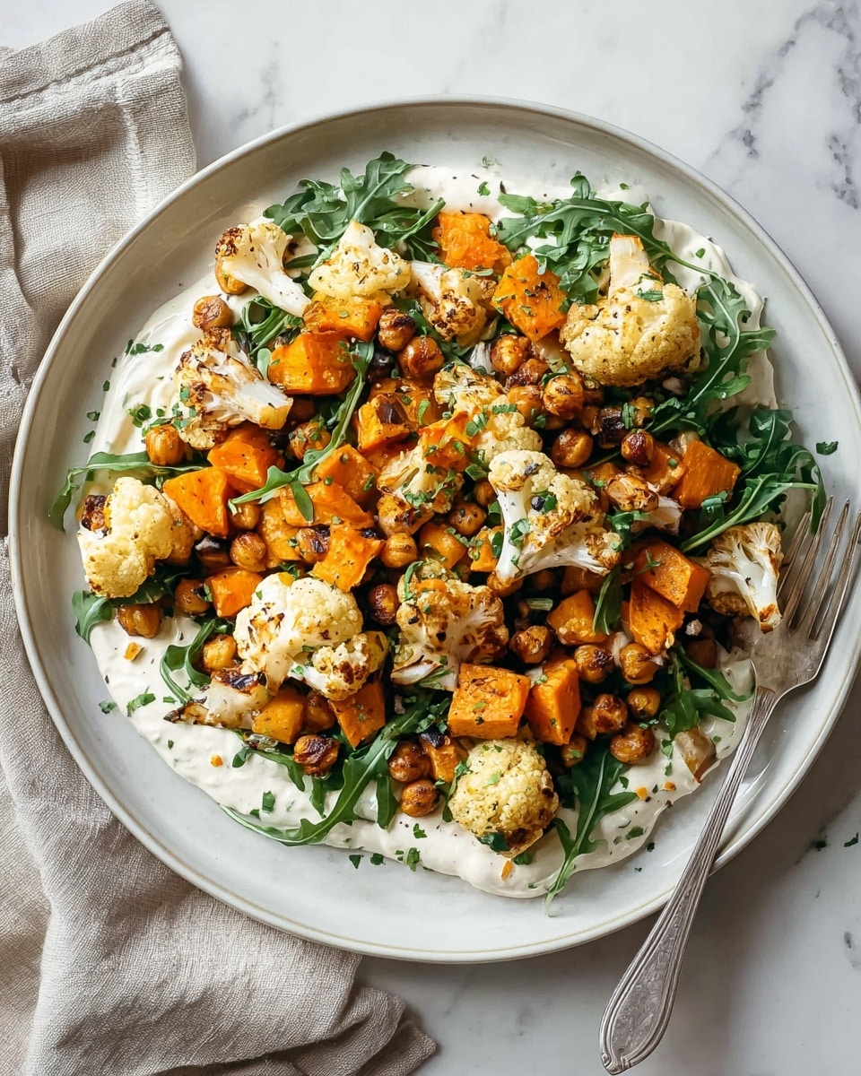 A white plate sits on a white marbled surface, layered with creamy white sauce spread thinly across the bottom. On top, a bed of dark green arugula leaves adds texture and color contrast. The main layer consists of golden roasted cauliflower florets, orange sweet potato chunks, and small, round, browned chickpeas scattered throughout. The dish is garnished with small bits of chopped green herbs, adding a fresh touch. A silver fork and a beige cloth napkin rest beside the plate. photo taken with an iphone --ar 4:5 --v 7