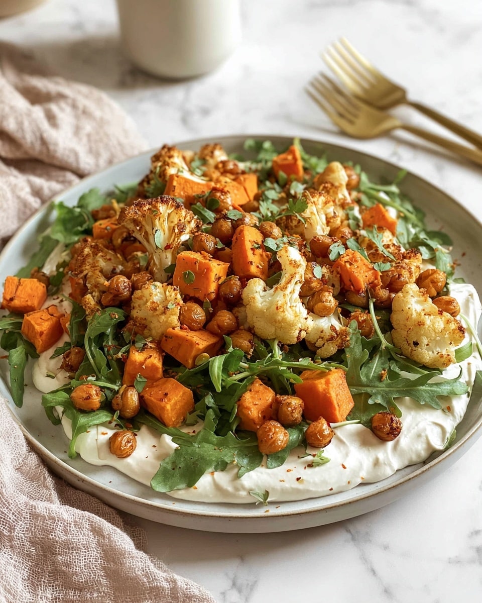 A dish on a white plate with a base layer of creamy white sauce spread thinly, topped with a fresh green arugula layer. Above this, there is a mix of roasted orange sweet potato cubes and bright orange carrot slices scattered evenly. The top layer consists of roasted cauliflower florets with a golden-brown tint, mixed with crispy brown chickpeas, all sprinkled with small green herb leaves. The plate is set on a white marbled surface with a soft beige cloth and a gold fork in the background. Photo taken with an iphone --ar 4:5 --v 7