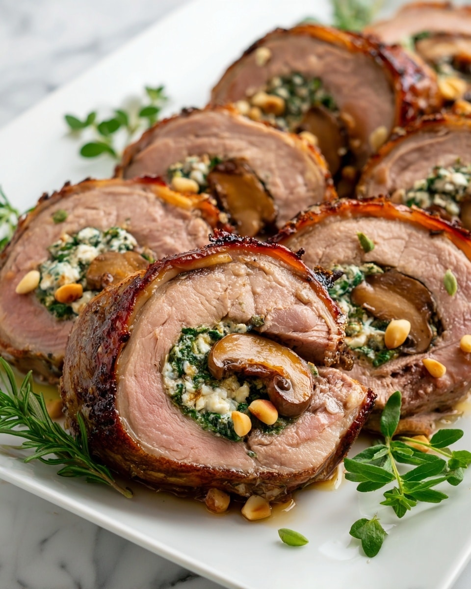 The image shows several thick slices of rolled meat arranged closely on a white plate, each slice revealing multiple layers: a brown, slightly crispy outer layer of cooked meat, a pinkish inner layer of tender meat, and inside this, a green leafy layer mixed with white creamy cheese, pieces of mushrooms, and scattered light tan pine nuts adding texture. The slices are garnished with small green herb leaves, all placed over a white marbled background. photo taken with an iphone --ar 4:5 --v 7
